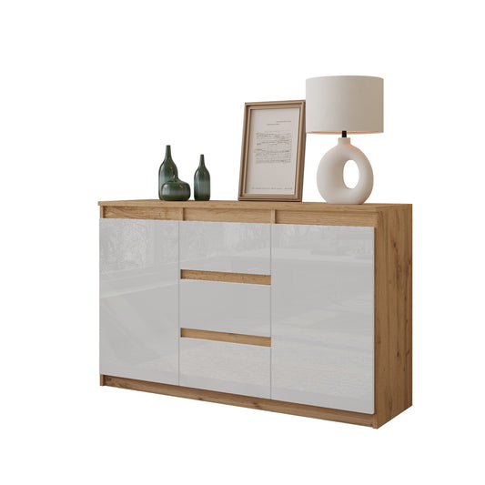 MIKEL - Commode 3 Tiroirs et 2 Portes - Armoire de Rangement pour Couloir / Chambre à Coucher - Buffet - H75cm L120cm P35cm (Chêne Wotan / Blanc Brillant)
