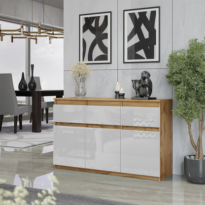 NOAH - Commode 3 Tiroirs et 3 Portes - Meuble de Rangement pour Couloir / Chambre - Buffet - H75cm L120cm P35cm (Chêne Wotan / Blanc Brillant)