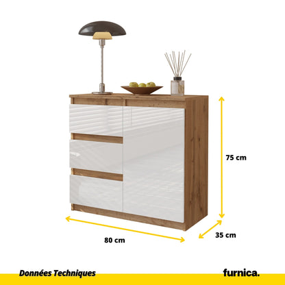 MIKEL - Commode 3 Tiroirs et 1 Porte - Armoire de Rangement pour Couloir / Chambre à Coucher - Buffet - H75cm L80cm P35cm (Chêne Wotan / Blanc Brillant)