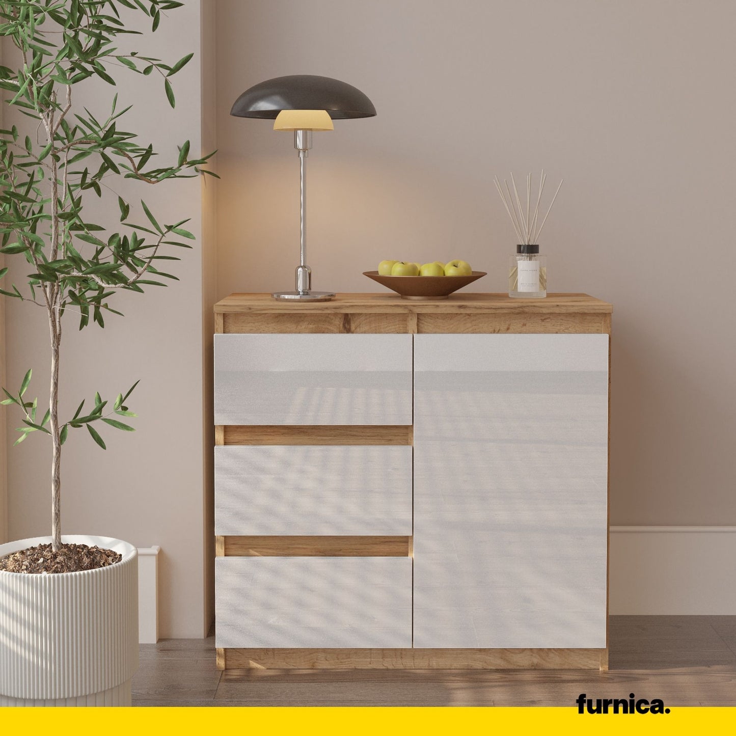 MIKEL - Commode 3 Tiroirs et 1 Porte - Armoire de Rangement pour Couloir / Chambre à Coucher - Buffet - H75cm L80cm P35cm (Chêne Wotan / Blanc Brillant)