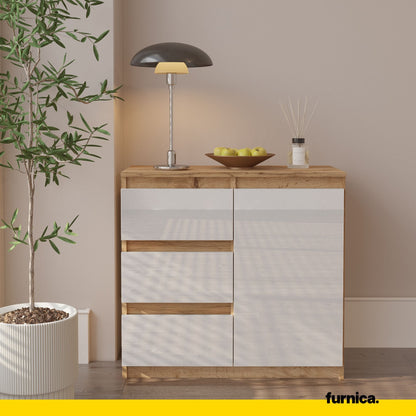 MIKEL - Commode 3 Tiroirs et 1 Porte - Armoire de Rangement pour Couloir / Chambre à Coucher - Buffet - H75cm L80cm P35cm (Chêne Wotan / Blanc Brillant)