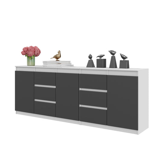 MIKEL - Commode 6 Tiroirs et 3 Portes - Armoire de Rangement pour Couloir / Chambre à Coucher - Buffet - Blanc Matt / Anthracite H75cm L200cm P35cm