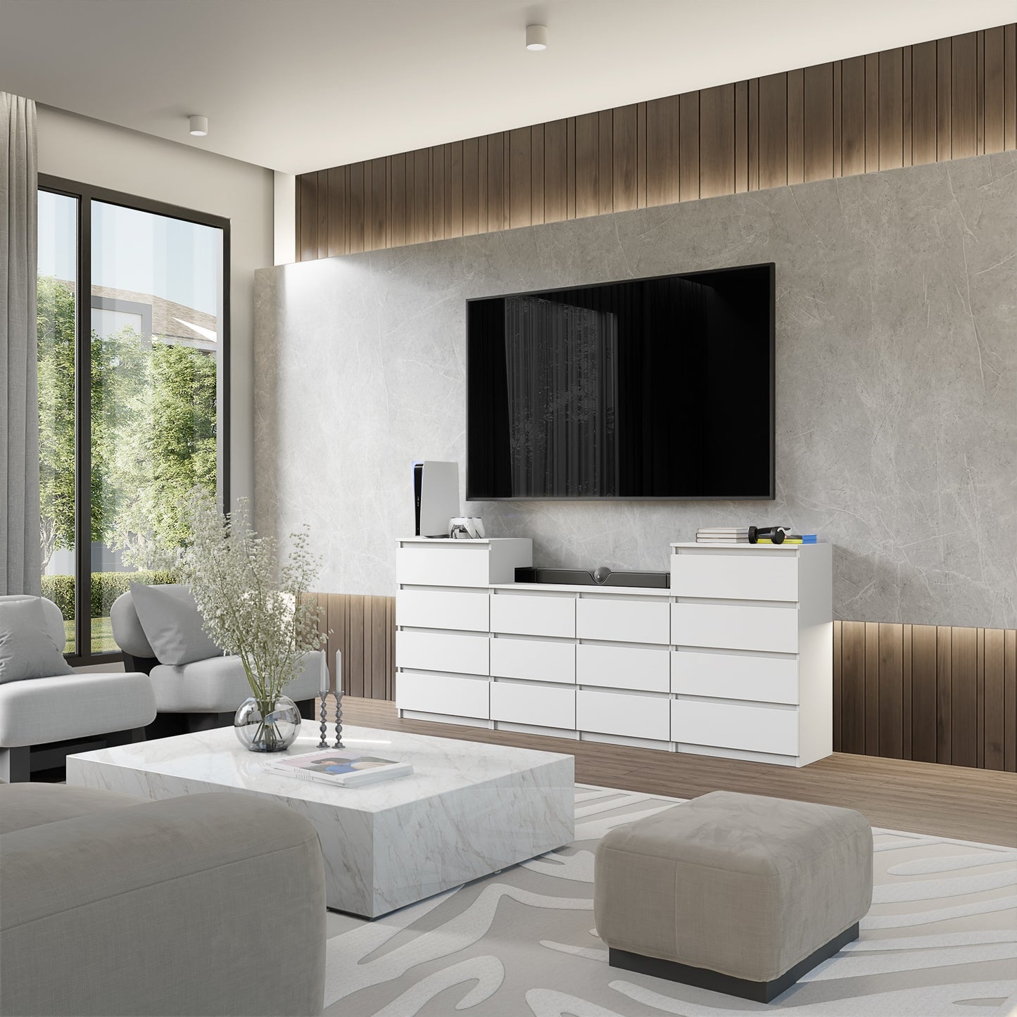 GABRIEL - Commode 14 Tiroirs (4+6+4) - H92cm L220cm P33cm (Blanc)