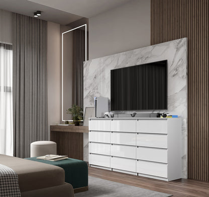 GABRIEL - Commode 12 Tiroirs (8+4) - H92cm L180cm P33cm (Blanc Brillant)