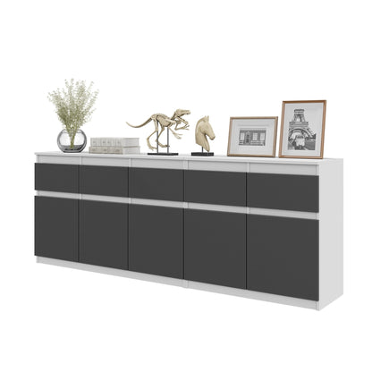 NOAH - Commode 5 Tiroirs et 5 Portes - Armoire de Rangement pour Couloir / Chambre à Coucher - Buffet - Blanc Matt / Anthracite H75cm L200cm P35cm