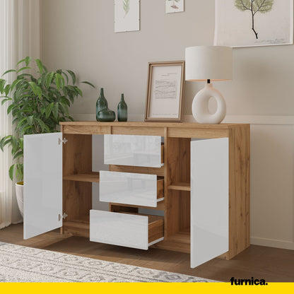 MIKEL - Commode 3 Tiroirs et 2 Portes - Armoire de Rangement pour Couloir / Chambre à Coucher - Buffet - H75cm L120cm P35cm (Chêne Wotan / Blanc Brillant)