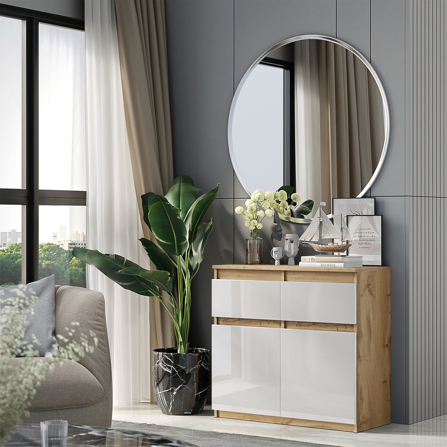 NOAH - Commode 2 Tiroirs et 2 Portes - Meuble de Rangement pour Couloir / Chambre - Buffet - H75cm L80cm P35cm (Chêne Wotan / Blanc Brillant)