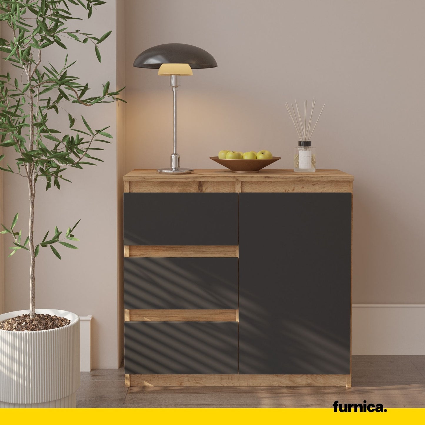 MIKEL - Commode 3 Tiroirs et 1 Porte - Armoire de Rangement pour Couloir / Chambre à Coucher - Buffet - H75cm L80cm P35cm (Chêne Wotan / Anthracite)