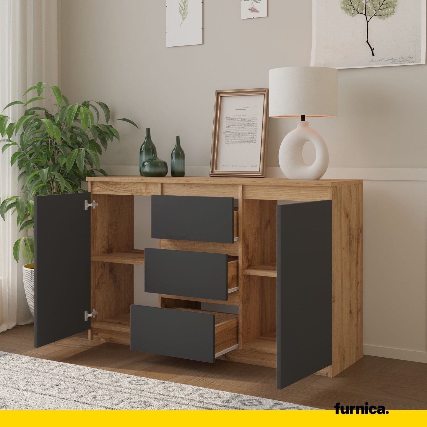 MIKEL - Commode 3 Tiroirs et 2 Portes - Armoire de Rangement pour Couloir / Chambre à Coucher - Buffet - H75cm L120cm P35cm (Chêne Wotan / Anthracite)