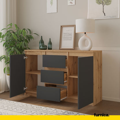 MIKEL - Commode 3 Tiroirs et 2 Portes - Armoire de Rangement pour Couloir / Chambre à Coucher - Buffet - H75cm L120cm P35cm (Chêne Wotan / Anthracite)
