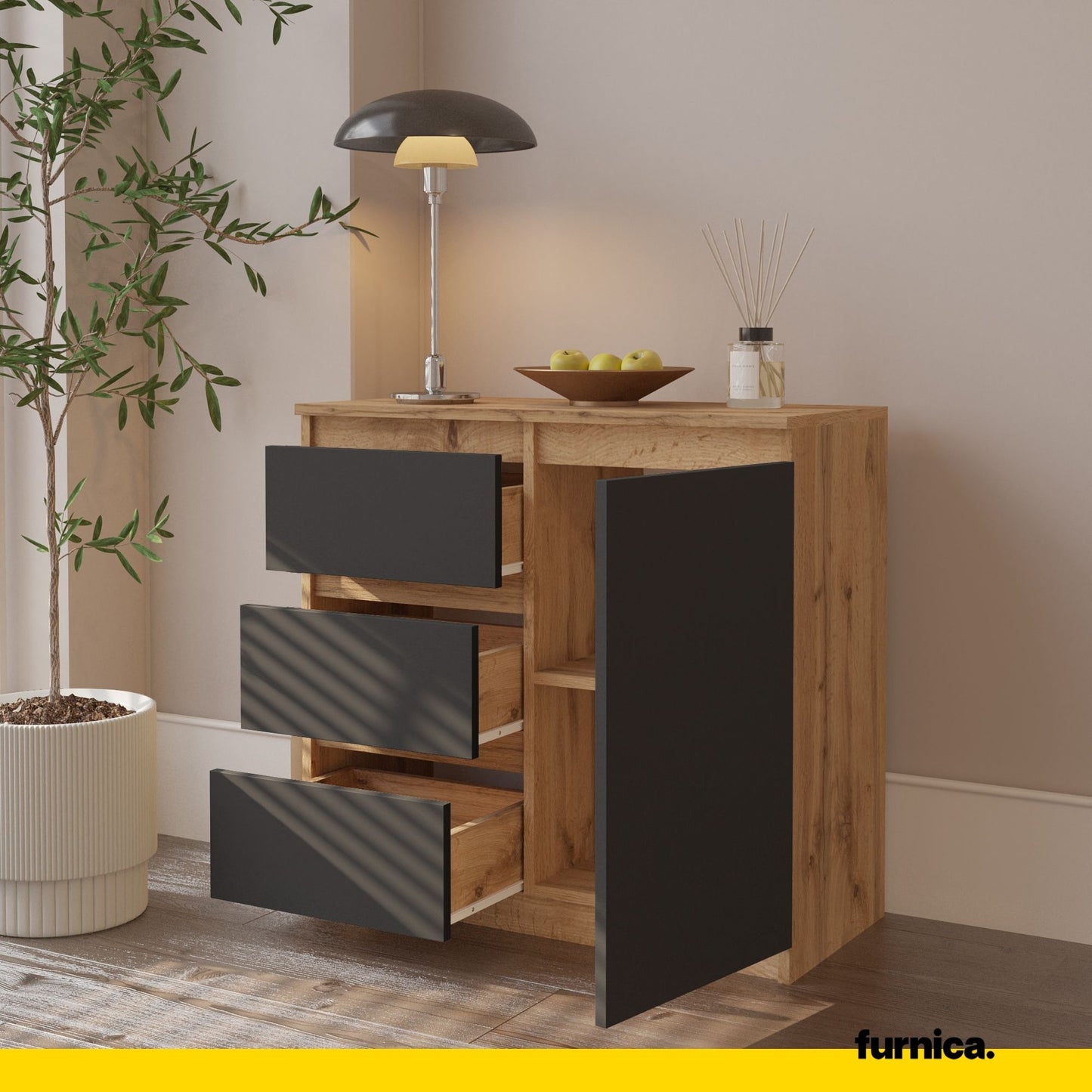 MIKEL - Commode 3 Tiroirs et 1 Porte - Armoire de Rangement pour Couloir / Chambre à Coucher - Buffet - H75cm L80cm P35cm (Chêne Wotan / Anthracite)