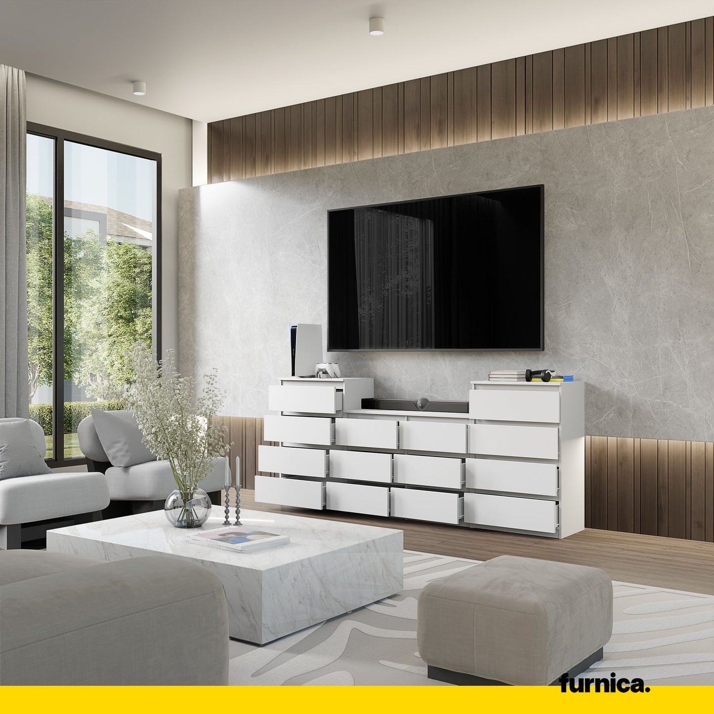 GABRIEL - Commode 14 Tiroirs (4+6+4) - H92cm L220cm P33cm (Blanc)