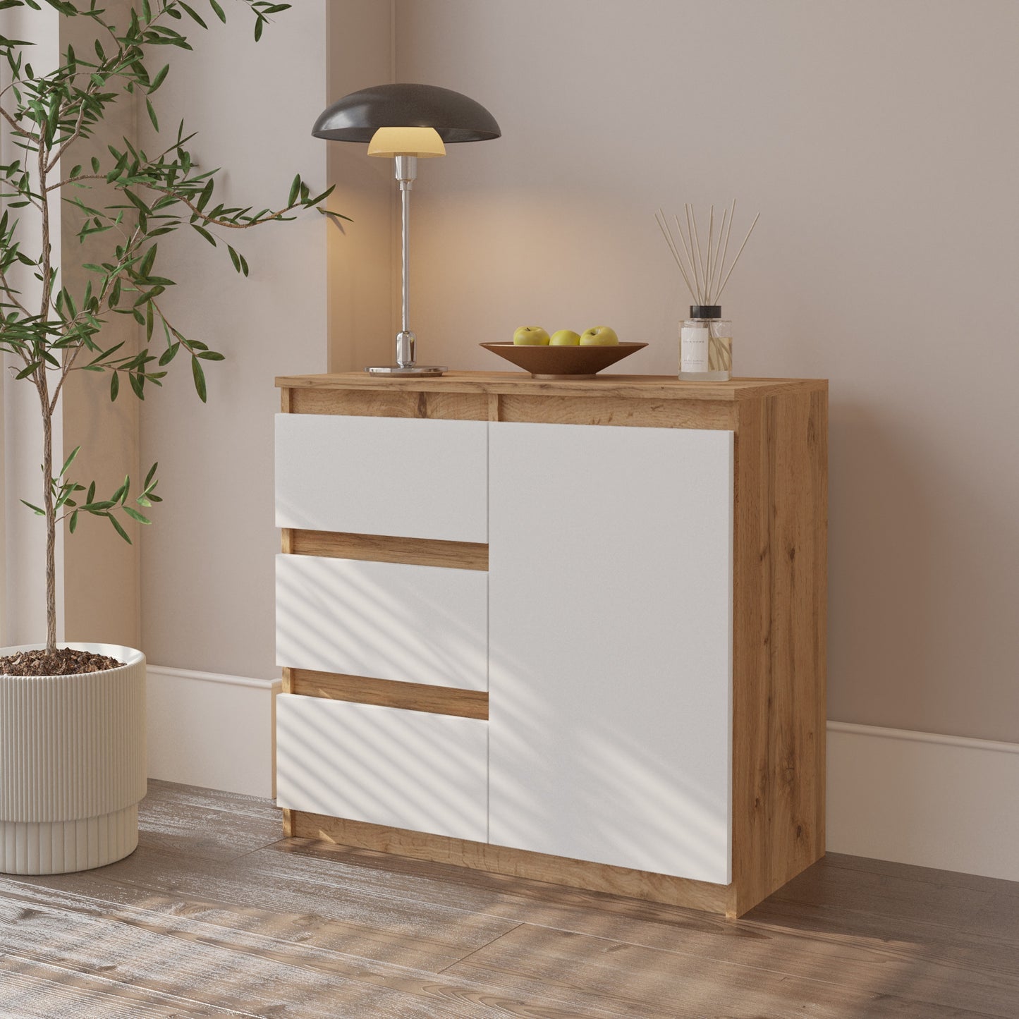 MIKEL - Commode 3 Tiroirs et 1 Porte - Armoire de Rangement pour Couloir / Chambre à Coucher - Buffet - H75cm L80cm P35cm (Chêne Wotan / Blanc)