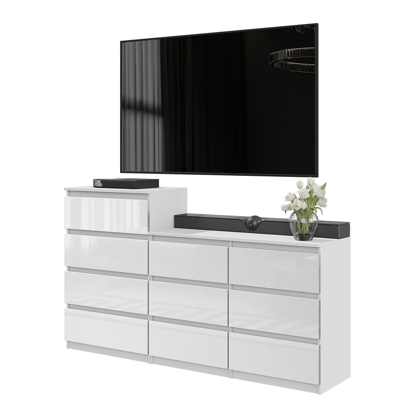 GABRIEL - Commode 10 Tiroirs (6+4) - H92/70 cm L160 cm P33 cm (Blanc Brillant)