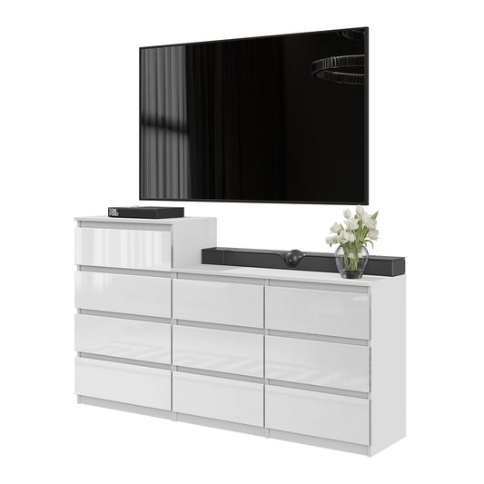 GABRIEL - Commode 10 Tiroirs (6+4) - H92/70 cm L160 cm P33 cm (Blanc Brillant)