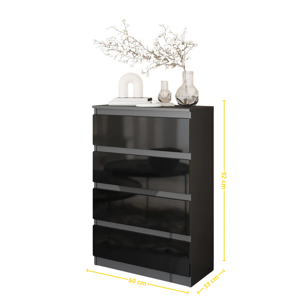 GABRIEL - Commode 4 Tiroirs - Table de Chevet Buffet - H92cm L60cm P33cm (Anthracite / Noir Brillant)