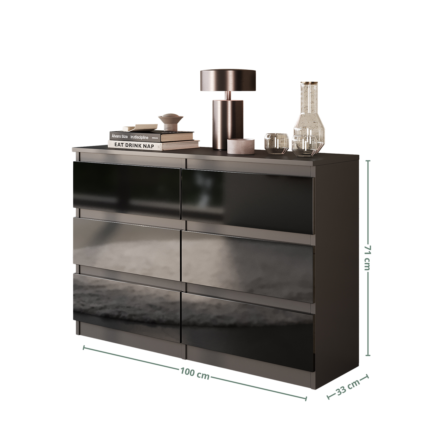GABRIEL - Commode 6 Tiroirs - Buffet de Chevet - H71 cm L100 cm P33 cm (Anthracite / Noir Brillant)
