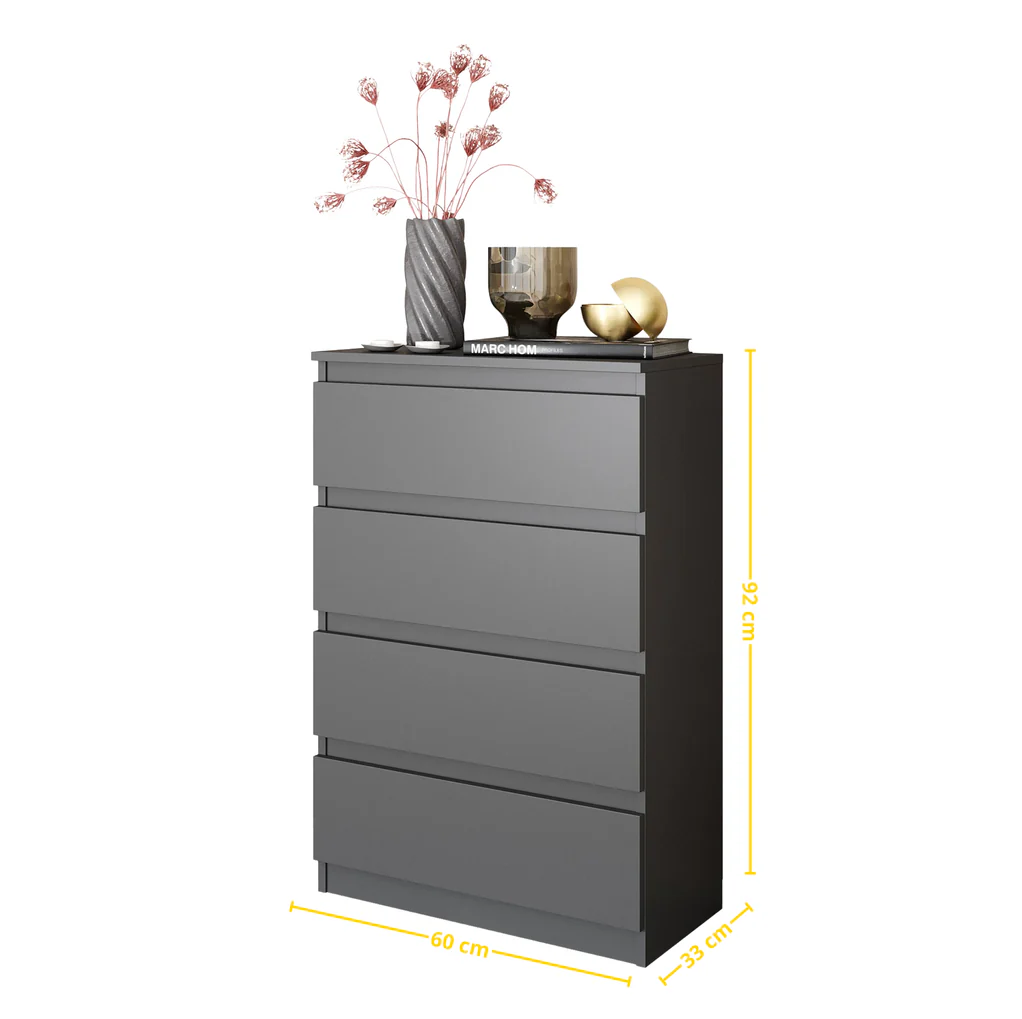 GABRIEL - Commode 4 Tiroirs - Table de Chevet Buffet - H92cm L60cm P33cm (Anthracite)