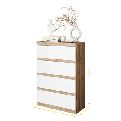 GABRIEL - Commode 4 Tiroirs - Table de Chevet Buffet - H92cm L60cm P33cm (Chêne Wotan / Blanc Matt)
