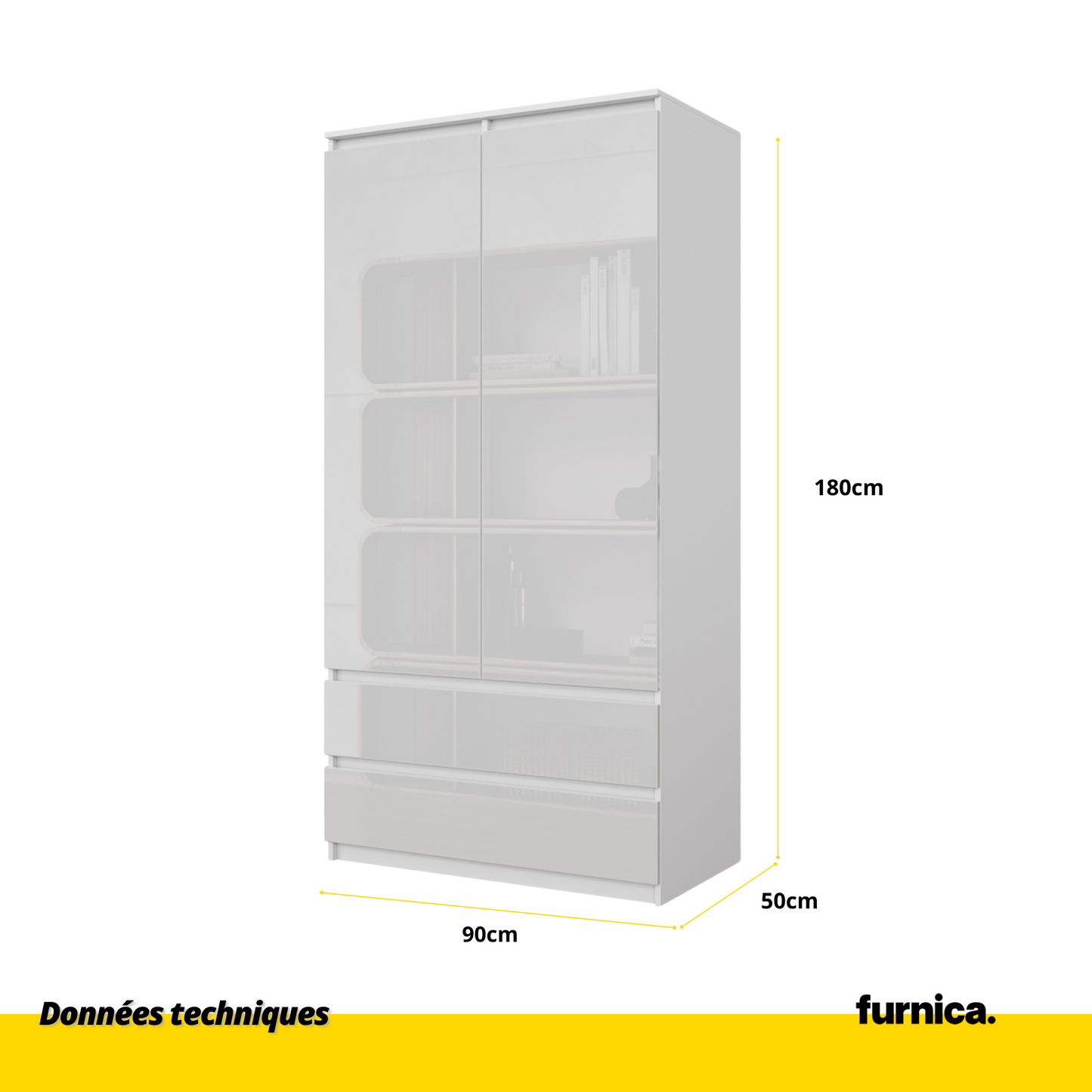 JOELLE - Armoire 2 Portes avec 2 Tiroirs - Blanc Matt / Blanc Brillant H180cm L90cm P50cm