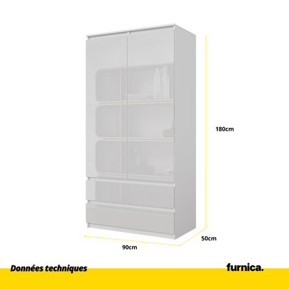 JOELLE - Armoire 2 Portes avec 2 Tiroirs - Blanc Matt / Blanc Brillant H180cm L90cm P50cm