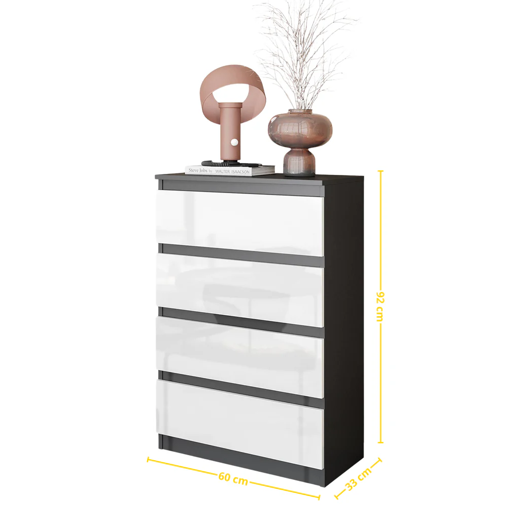 GABRIEL - Commode 4 Tiroirs - Table de Chevet Buffet - H92cm L60cm P33cm (Anthracite / Blanc Brillant)