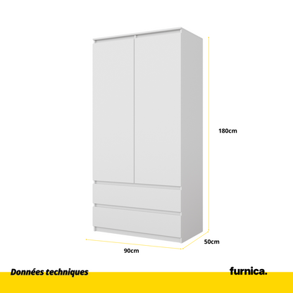 JOELLE - Armoire 2 Portes avec 2 Tiroirs - Blanc Matt H180cm L90cm P50cm