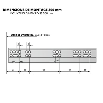 Ensemble de glissières dissimulée à fermeture silencieuse (gauche et droite), extension complète 250-600mm