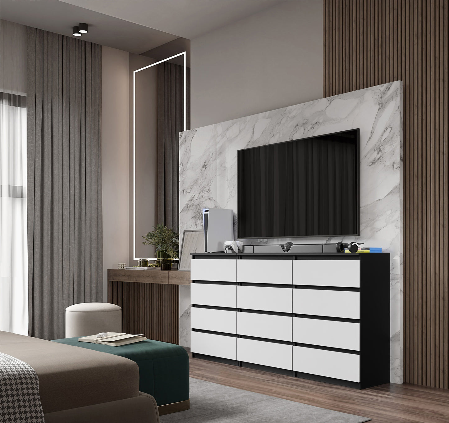 GABRIEL - Commode 12 Tiroirs (8+4) - H92cm L180cm P33cm (Anthracite / Blanc Matt)