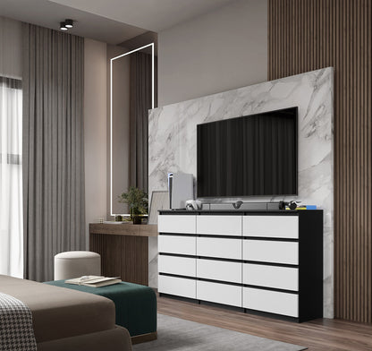 GABRIEL - Commode 12 Tiroirs (8+4) - H92cm L180cm P33cm (Anthracite / Blanc Matt)