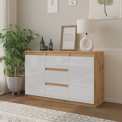 MIKEL - Commode 3 Tiroirs et 2 Portes - Armoire de Rangement pour Couloir / Chambre à Coucher - Buffet - H75cm L120cm P35cm (Chêne Wotan / Blanc Brillant)