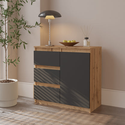 MIKEL - Commode 3 Tiroirs et 1 Porte - Armoire de Rangement pour Couloir / Chambre à Coucher - Buffet - H75cm L80cm P35cm (Chêne Wotan / Anthracite)