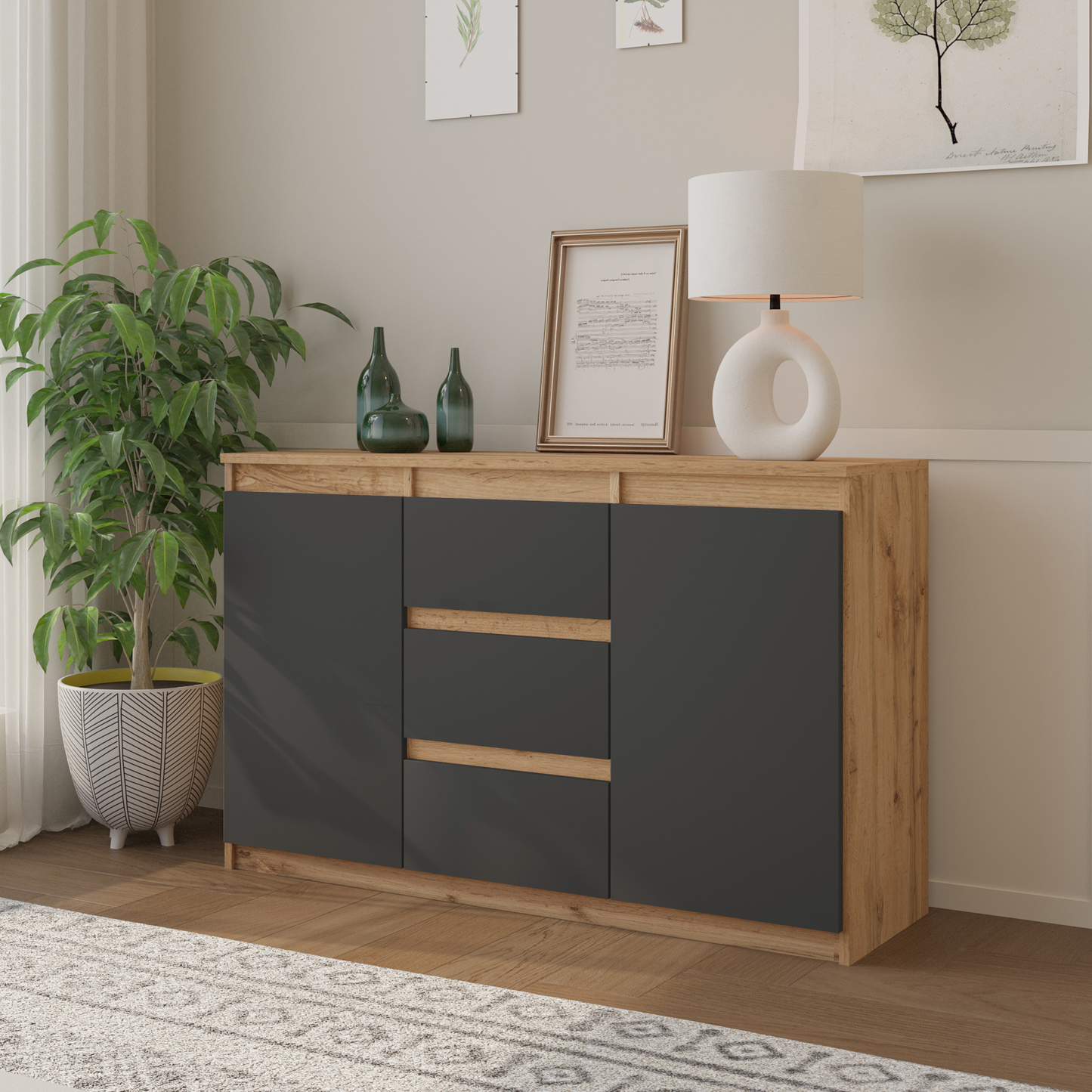 MIKEL - Commode 3 Tiroirs et 2 Portes - Armoire de Rangement pour Couloir / Chambre à Coucher - Buffet - H75cm L120cm P35cm (Chêne Wotan / Anthracite)