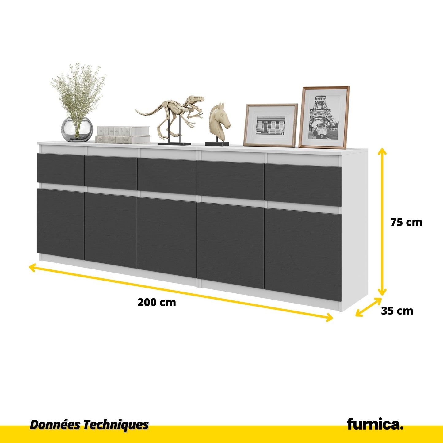 NOAH - Commode 5 Tiroirs et 5 Portes - Armoire de Rangement pour Couloir / Chambre à Coucher - Buffet - Blanc Matt / Anthracite H75cm L200cm P35cm