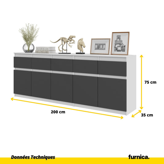 NOAH - Commode 5 Tiroirs et 5 Portes - Armoire de Rangement pour Couloir / Chambre à Coucher - Buffet - Blanc Matt / Anthracite H75cm L200cm P35cm