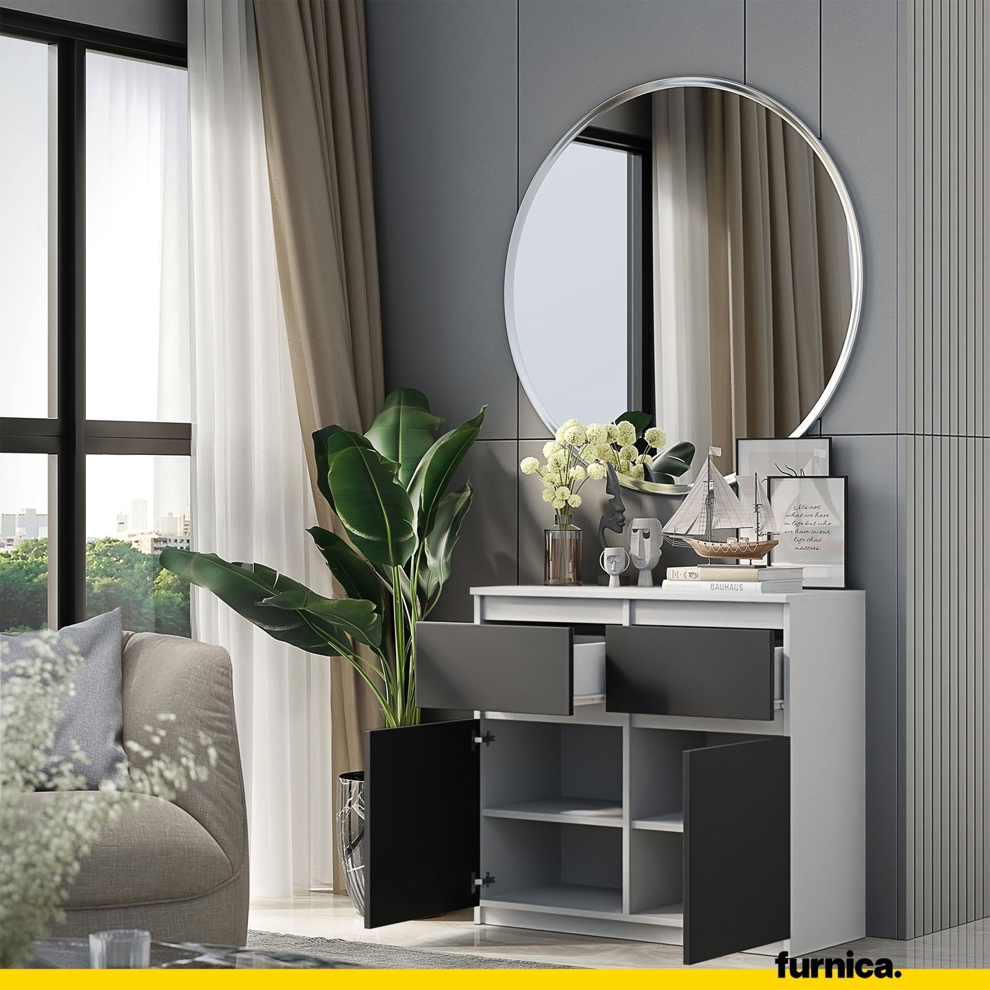 NOAH - Commode 2 Tiroirs et 2 Portes - Meuble de Rangement pour Couloir/Chambre - Buffet - H75cm L80cm P35cm (Blanc/Anthracite)