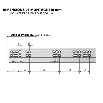 Ensemble de glissières dissimulée à fermeture silencieuse (gauche et droite), extension complète 250-600mm