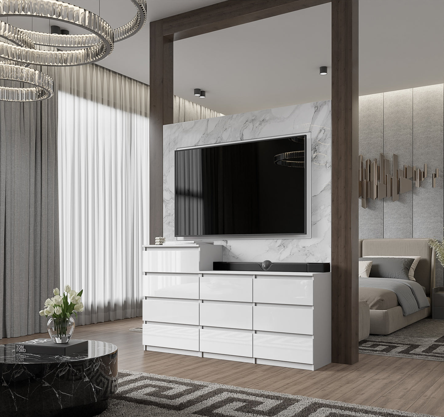 GABRIEL - Commode 10 Tiroirs (6+4) - H92/70 cm L160 cm P33 cm (Blanc Brillant)