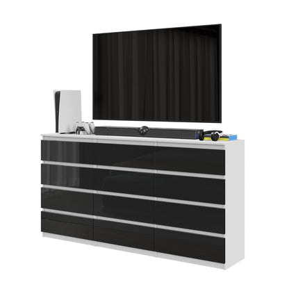 GABRIEL - Commode 12 Tiroirs (8+4) - H92cm L180cm P33cm (Blanc / Noir Brillant)