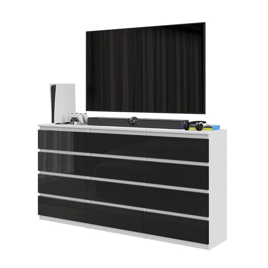 GABRIEL - Commode 12 Tiroirs (8+4) - H92cm L180cm P33cm (Blanc / Noir Brillant)