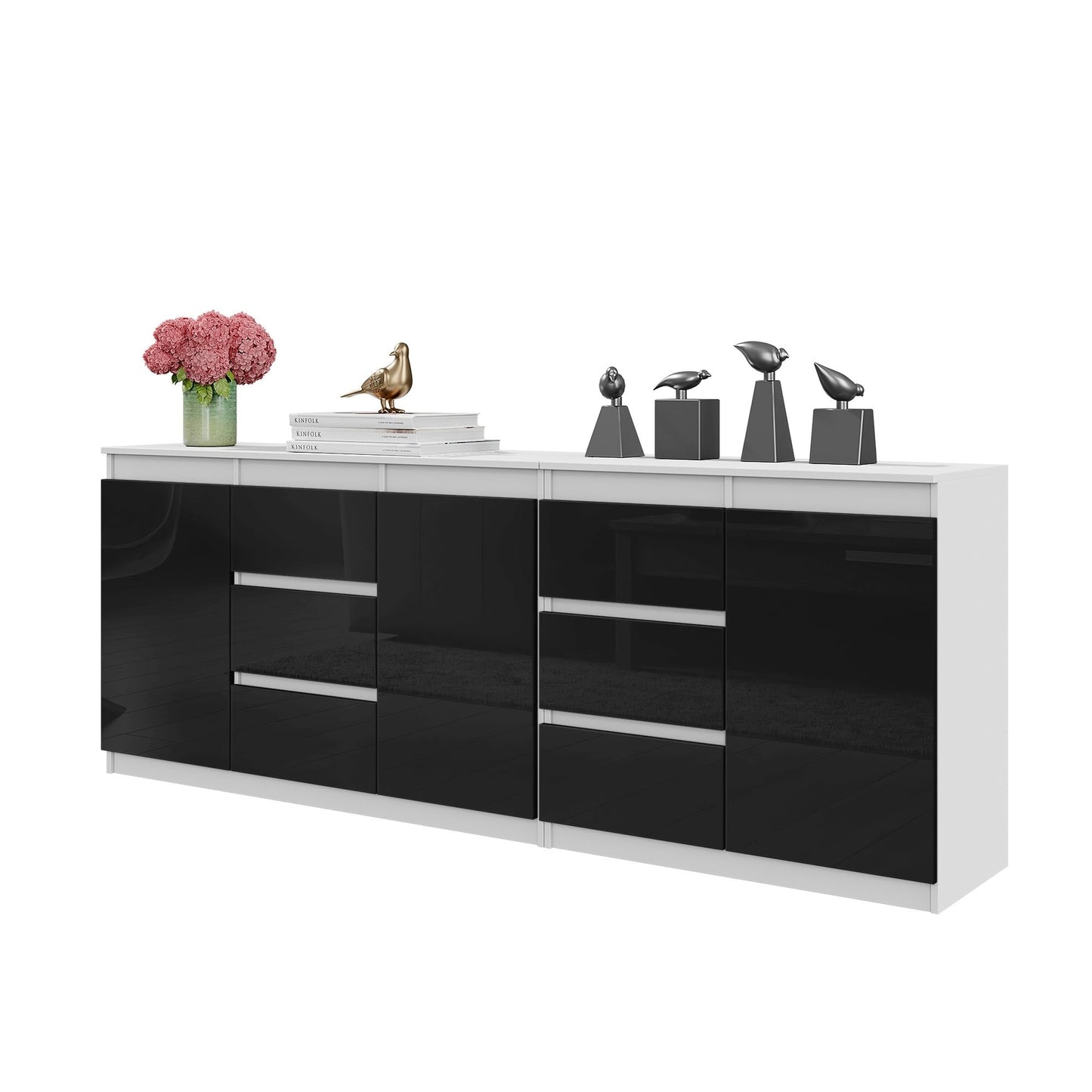 MIKEL - Commode 6 Tiroirs et 3 Portes - Armoire de Rangement pour Couloir / Chambre à Coucher - Buffet - Blanc Matt / Noir Brillant H75cm L200cm P35cm