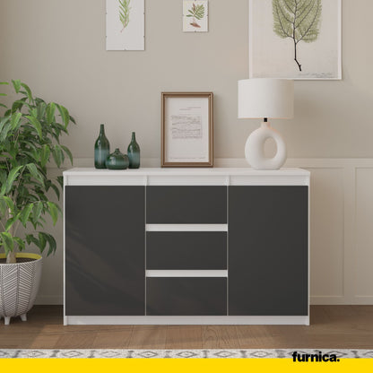 MIKEL - Commode 3 Tiroirs et 2 Portes - Armoire de Rangement pour Couloir/Chambre à Coucher - Buffet - H75cm L120cm P35cm (Blanc/Anthracite)