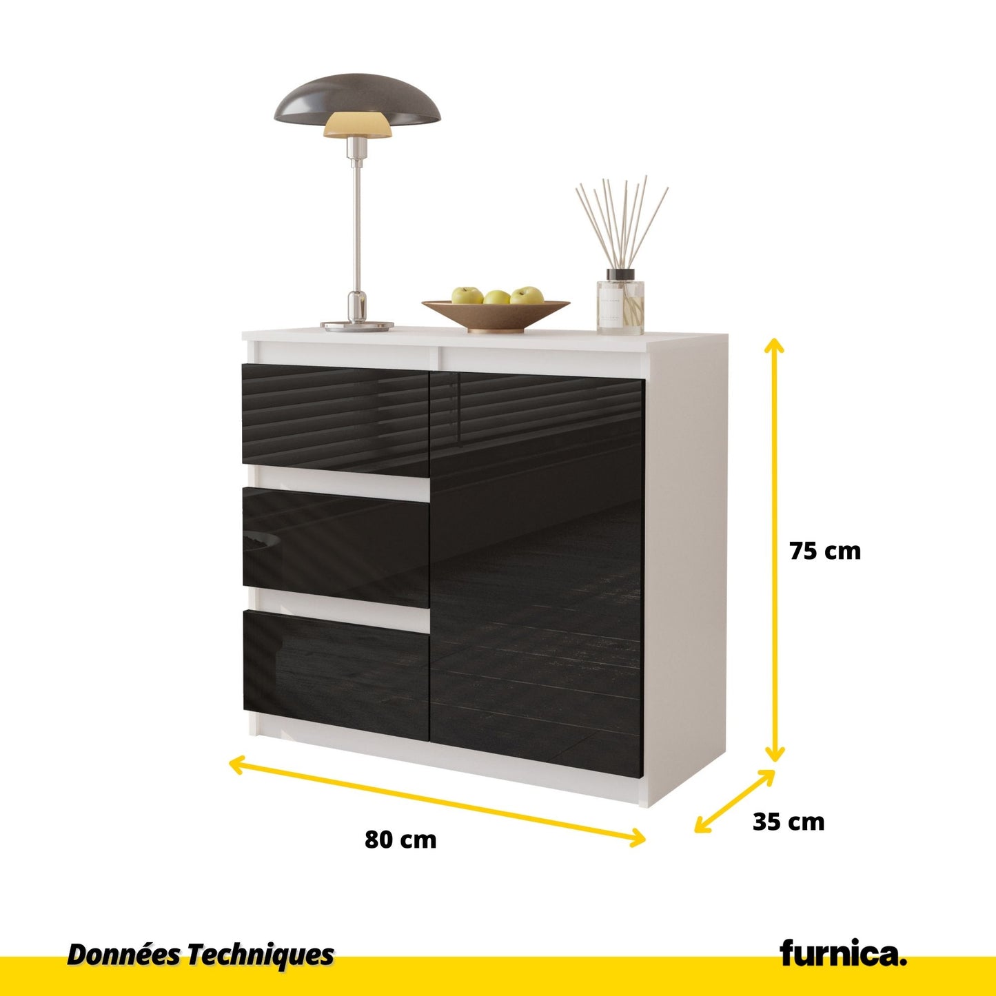 MIKEL - Commode 3 Tiroirs et 1 Porte - Armoire de Rangement pour Couloir/Chambre à Coucher - Buffet - H75cm L80cm P35cm (Blanc/Noir Brillant)