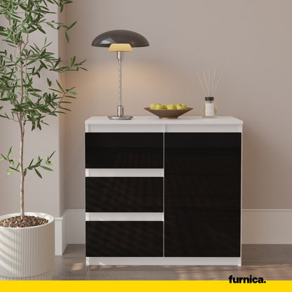 MIKEL - Commode 3 Tiroirs et 1 Porte - Armoire de Rangement pour Couloir/Chambre à Coucher - Buffet - H75cm L80cm P35cm (Blanc/Noir Brillant)