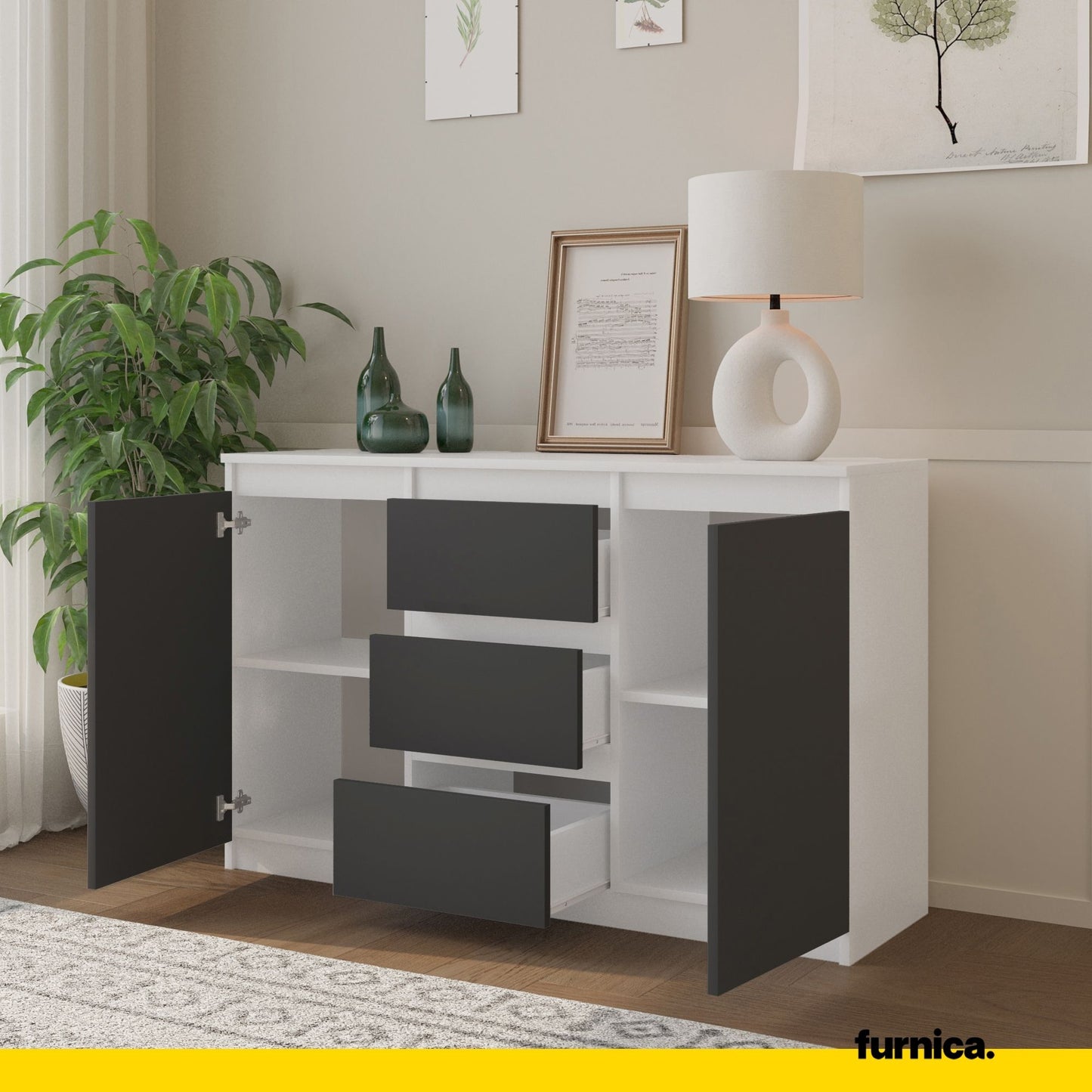 MIKEL - Commode 3 Tiroirs et 2 Portes - Armoire de Rangement pour Couloir/Chambre à Coucher - Buffet - H75cm L120cm P35cm (Blanc/Anthracite)