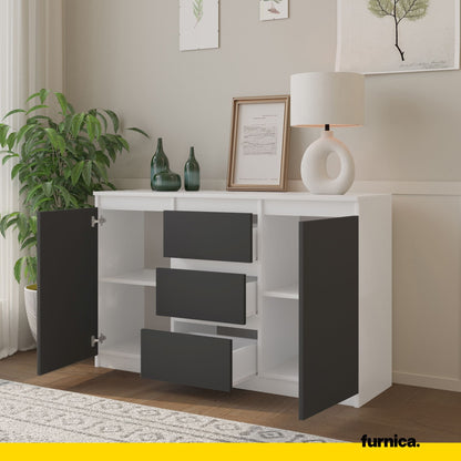 MIKEL - Commode 3 Tiroirs et 2 Portes - Armoire de Rangement pour Couloir/Chambre à Coucher - Buffet - H75cm L120cm P35cm (Blanc/Anthracite)