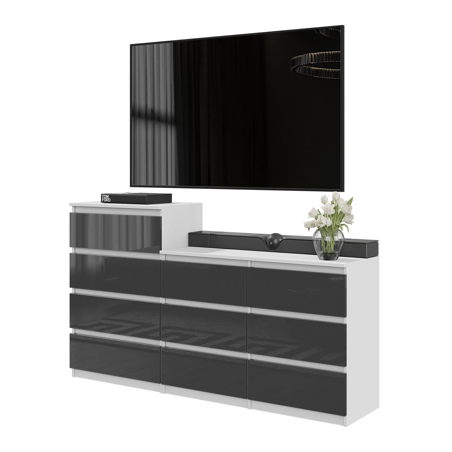 GABRIEL - Commode 10 Tiroirs (6+4) - H92/70 cm L160 cm P33 cm (Blanc / Anthracite Brillant)