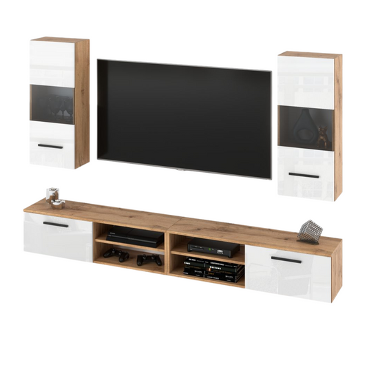 MIRANDA - Meuble TV Suspendu - 4 Armoires - Chêne Wotan / Blanc Brillant