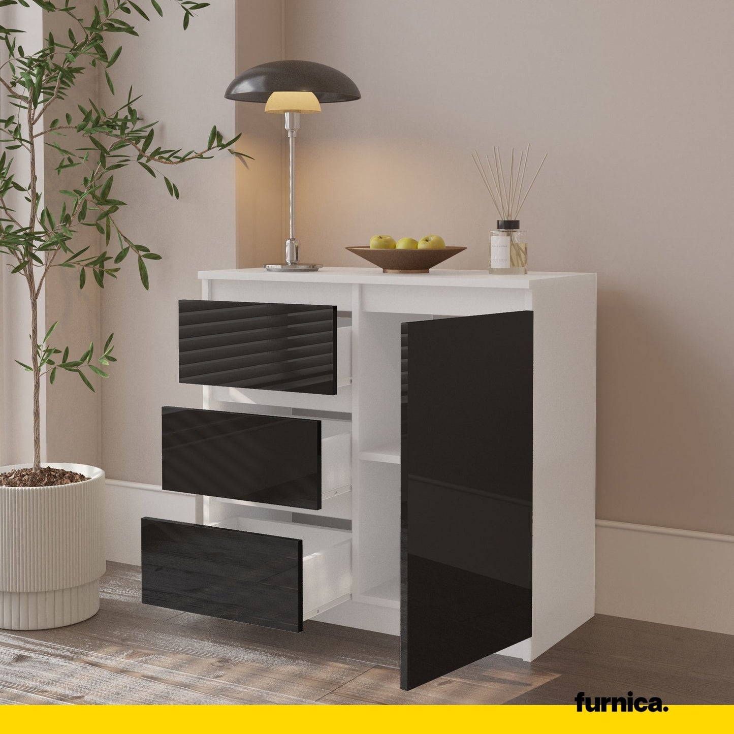 MIKEL - Commode 3 Tiroirs et 1 Porte - Armoire de Rangement pour Couloir/Chambre à Coucher - Buffet - H75cm L80cm P35cm (Blanc/Noir Brillant)