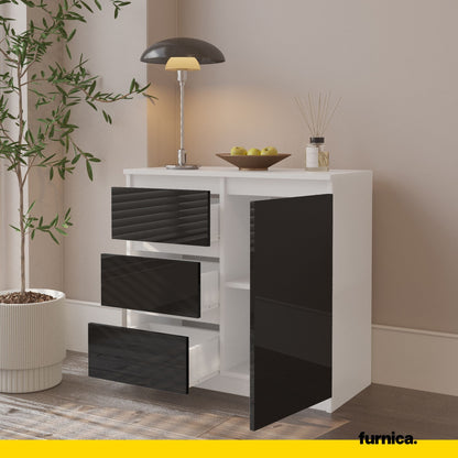 MIKEL - Commode 3 Tiroirs et 1 Porte - Armoire de Rangement pour Couloir/Chambre à Coucher - Buffet - H75cm L80cm P35cm (Blanc/Noir Brillant)
